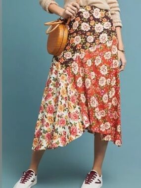 Farm Rio Anthropologie patchwork floral midi midaxi skirt brown orange white L